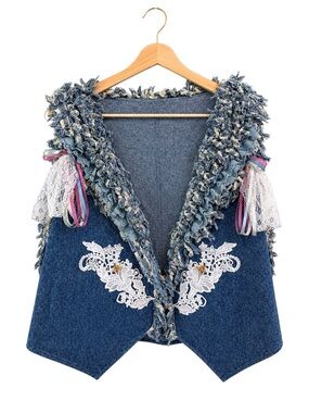 Handmade Artisan Denim Fringe Vest Art To Wear Shabby Chic Cottage Boho Lace L